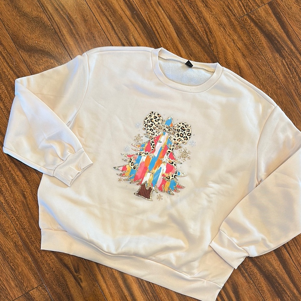 Stylish Cream Sweater with Colorful Christmas Tree Design